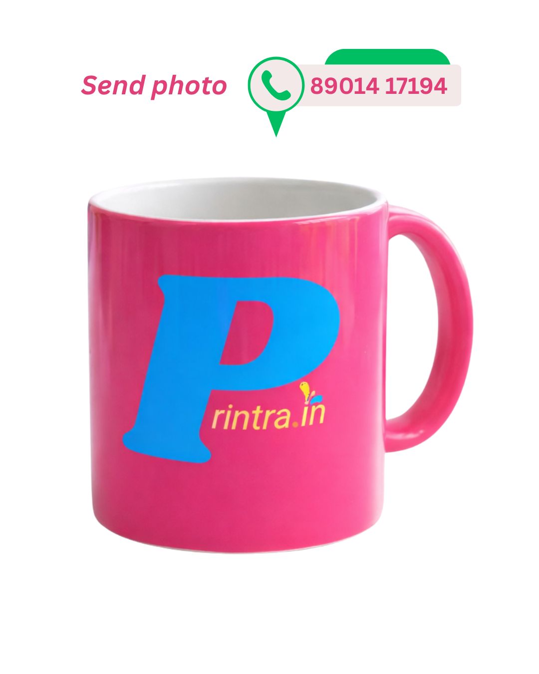 Custom vibrant pink ceramic coffee mug featuring the Printra.in blue logo