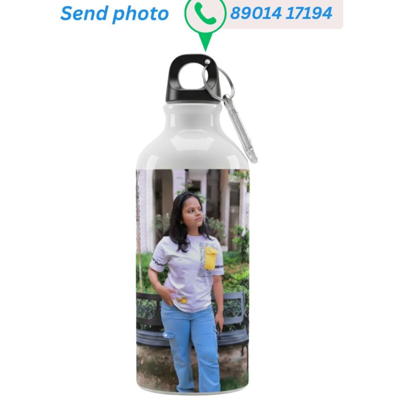 Custom printed white metal water bottle featuring a photograph of a girl standing outdoors