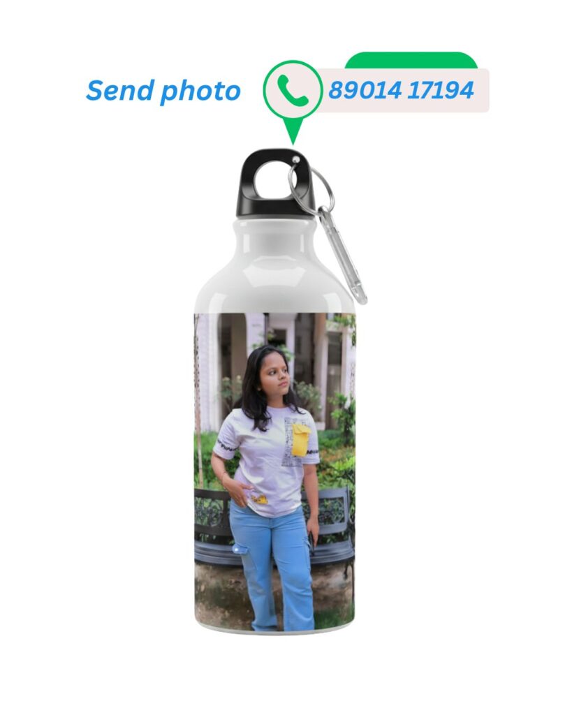 Custom printed white metal water bottle featuring a photograph of a girl standing outdoors