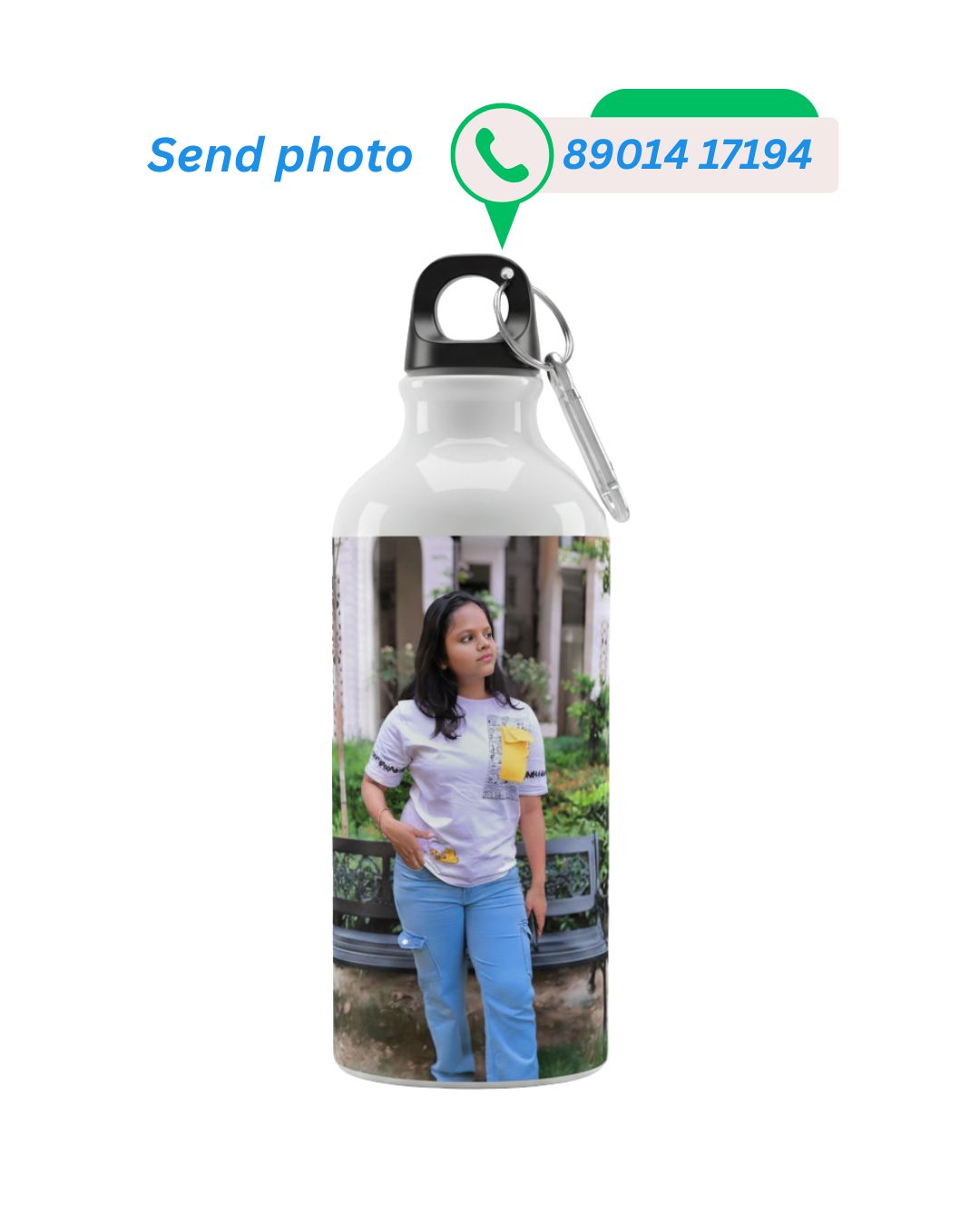 Custom printed white metal water bottle featuring a photograph of a girl standing outdoors