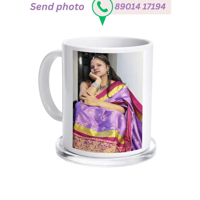 Custom white ceramic coffee mug featuring a printed portrait of a woman in a purple saree