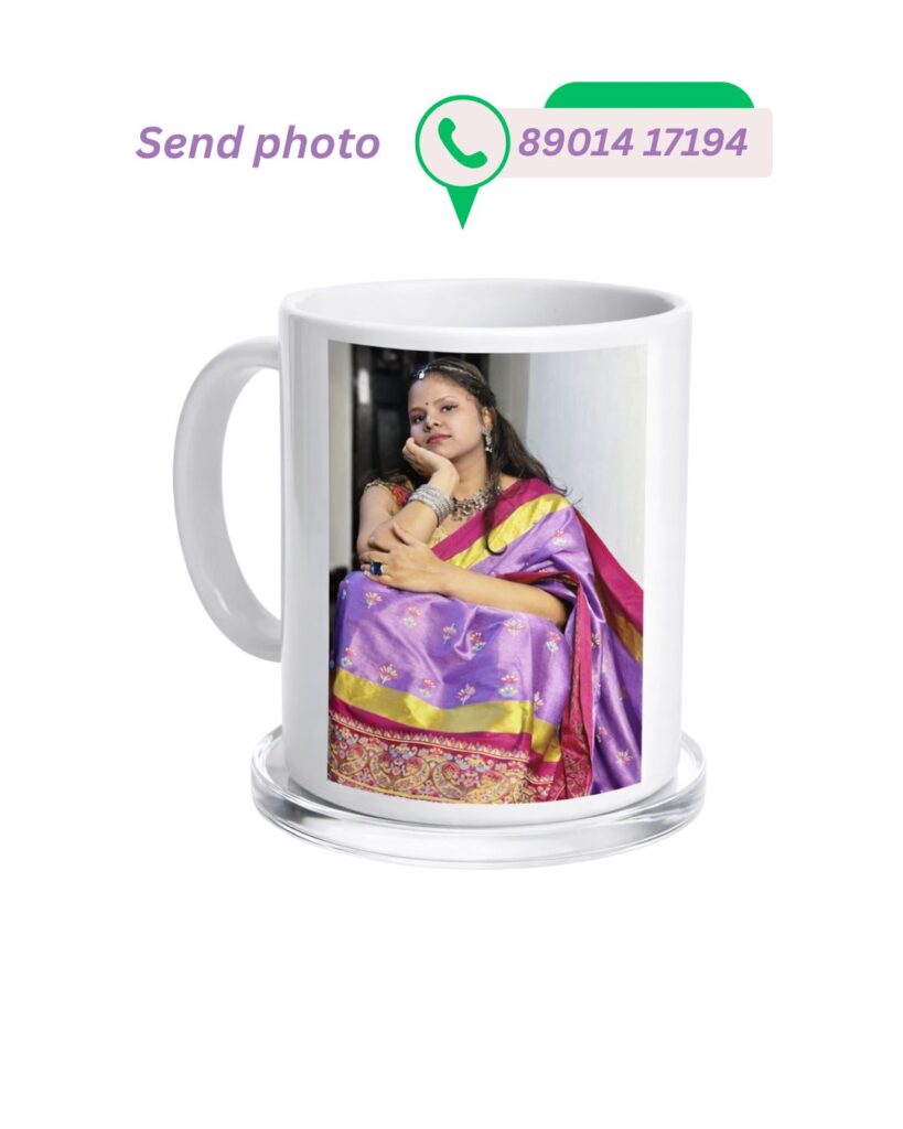 Custom white ceramic coffee mug featuring a printed portrait of a woman in a purple saree
