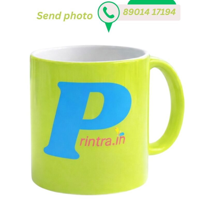 Custom lime green ceramic coffee mug featuring the Printra.in blue logo