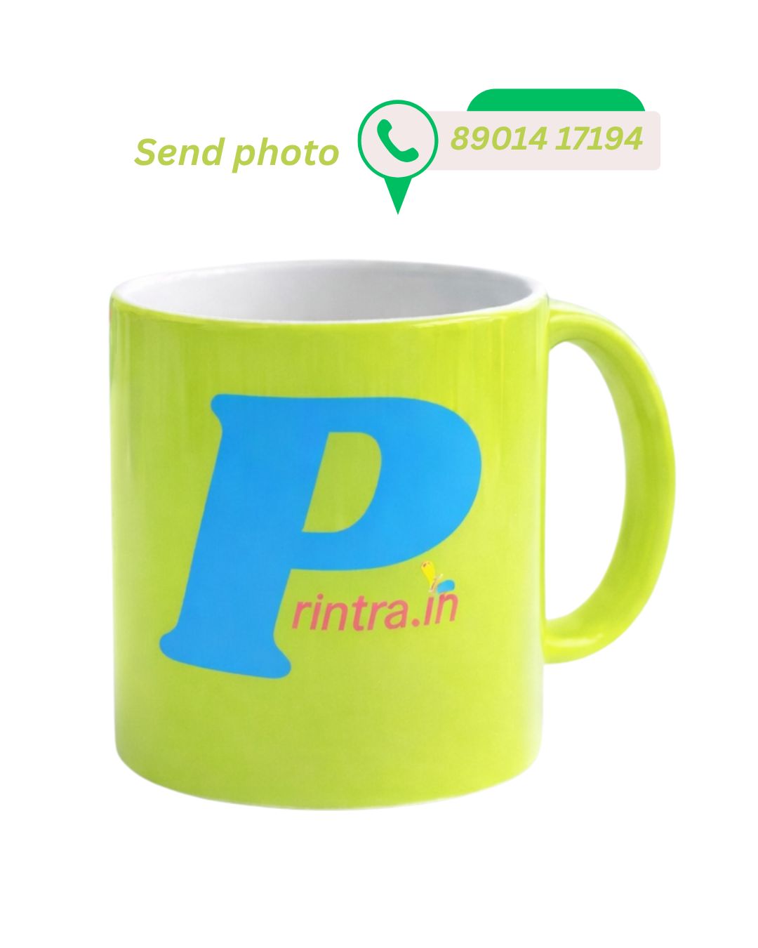 Custom lime green ceramic coffee mug featuring the Printra.in blue logo