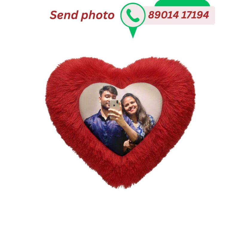 Red fluffy heart-shaped customized cushion featuring a printed photo of a couple