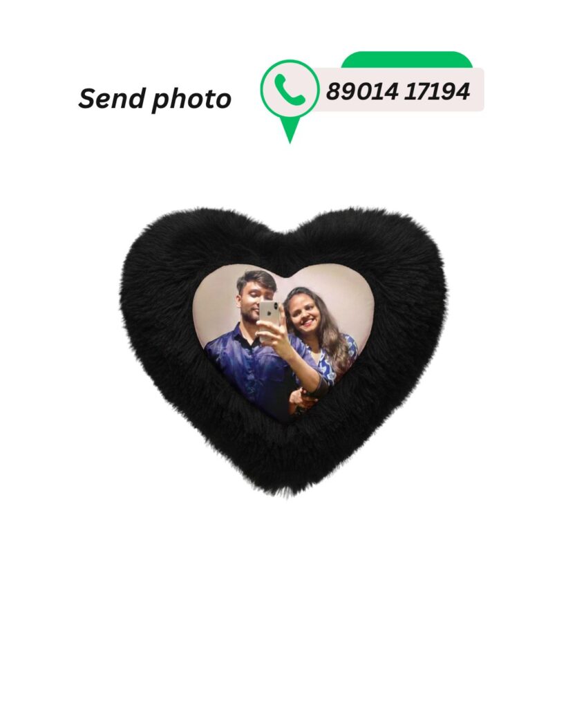 Black fluffy heart-shaped customized cushion featuring a printed photo of a couple