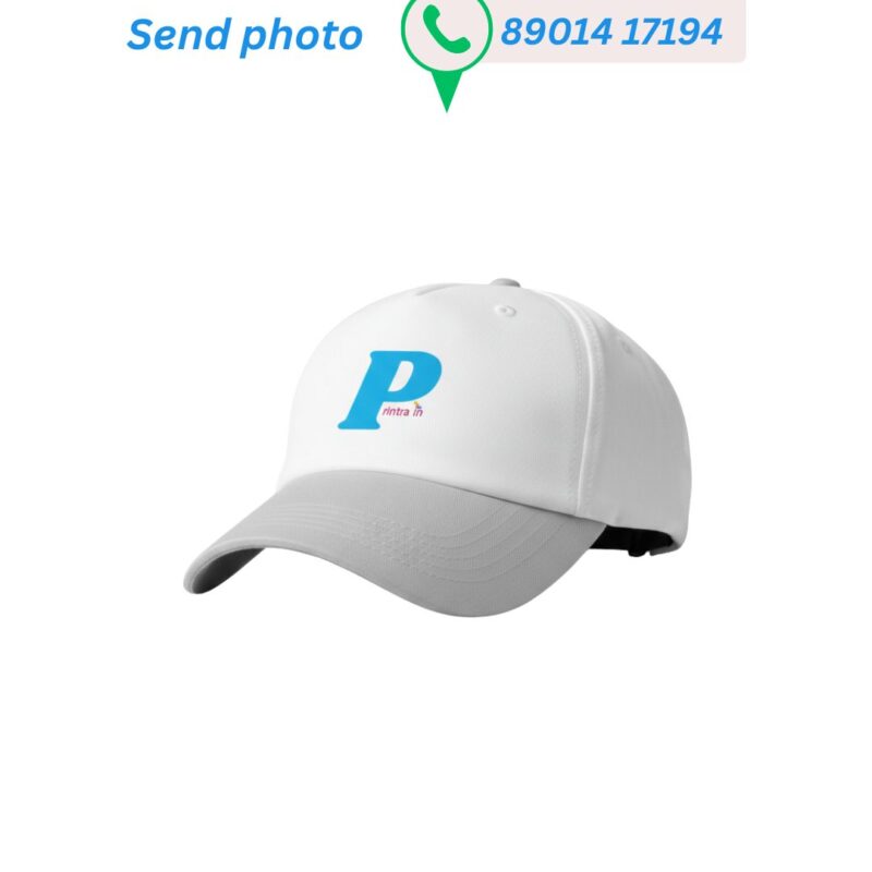 White and grey two-tone baseball cap customized with the Printra.in logo