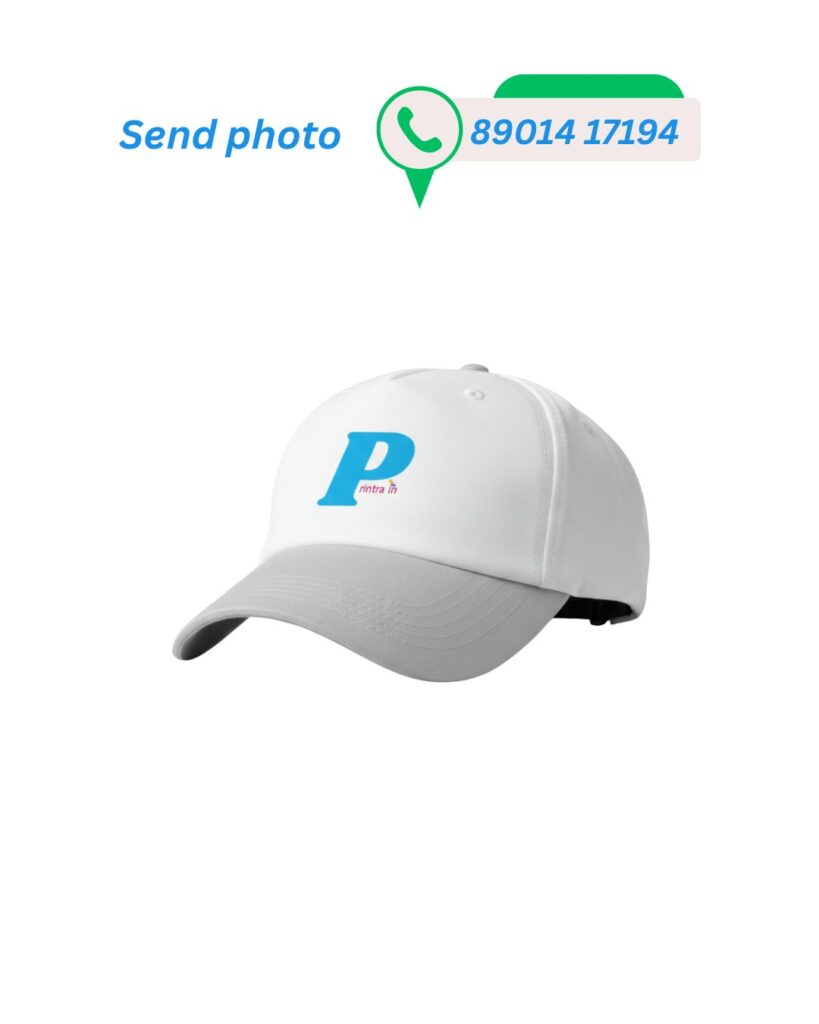 White and grey two-tone baseball cap customized with the Printra.in logo