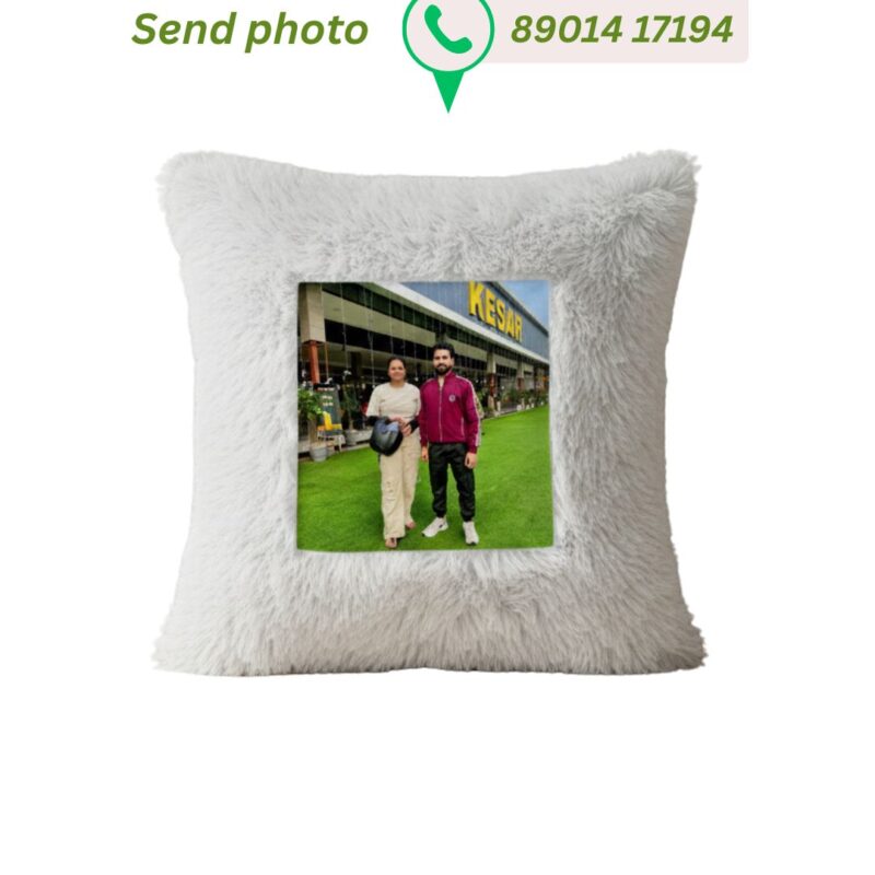 Square white fluffy faux fur cushion with a custom photo of a couple printed in the center