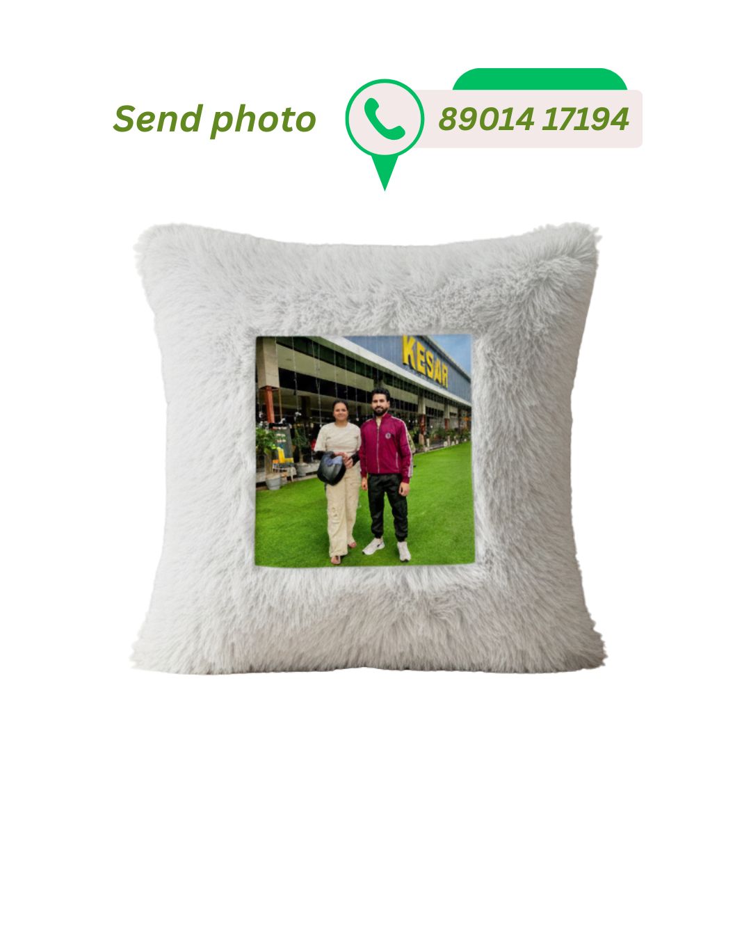 Square white fluffy faux fur cushion with a custom photo of a couple printed in the center