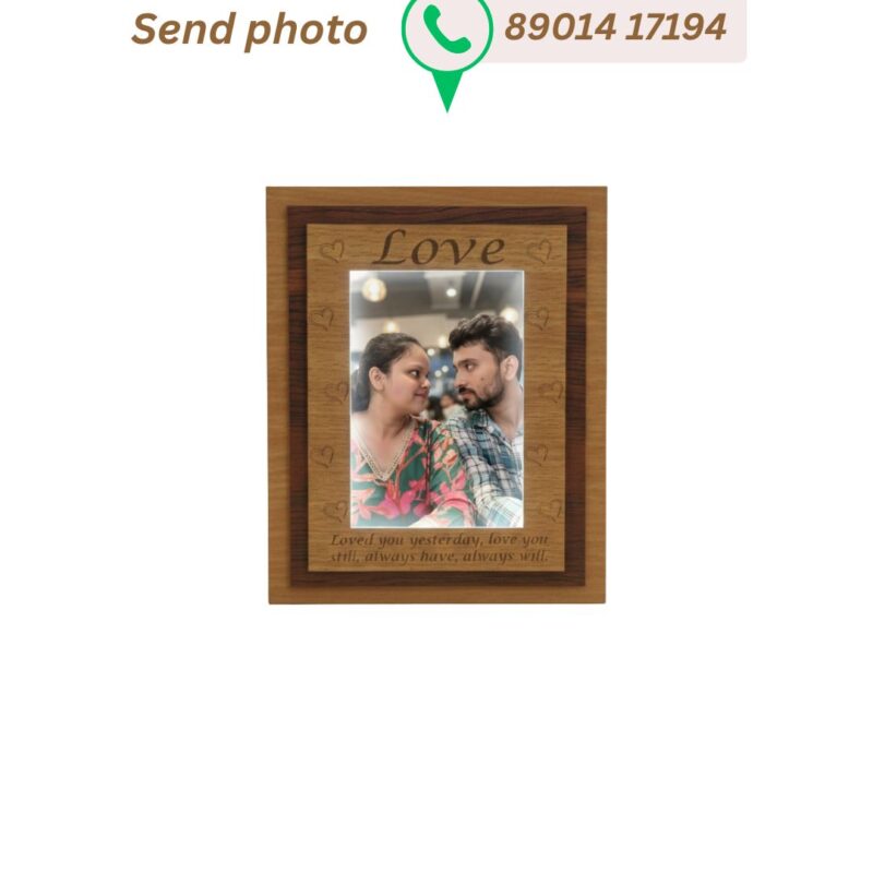 Custom wooden photo frame engraved with Love text featuring a picture of a couple