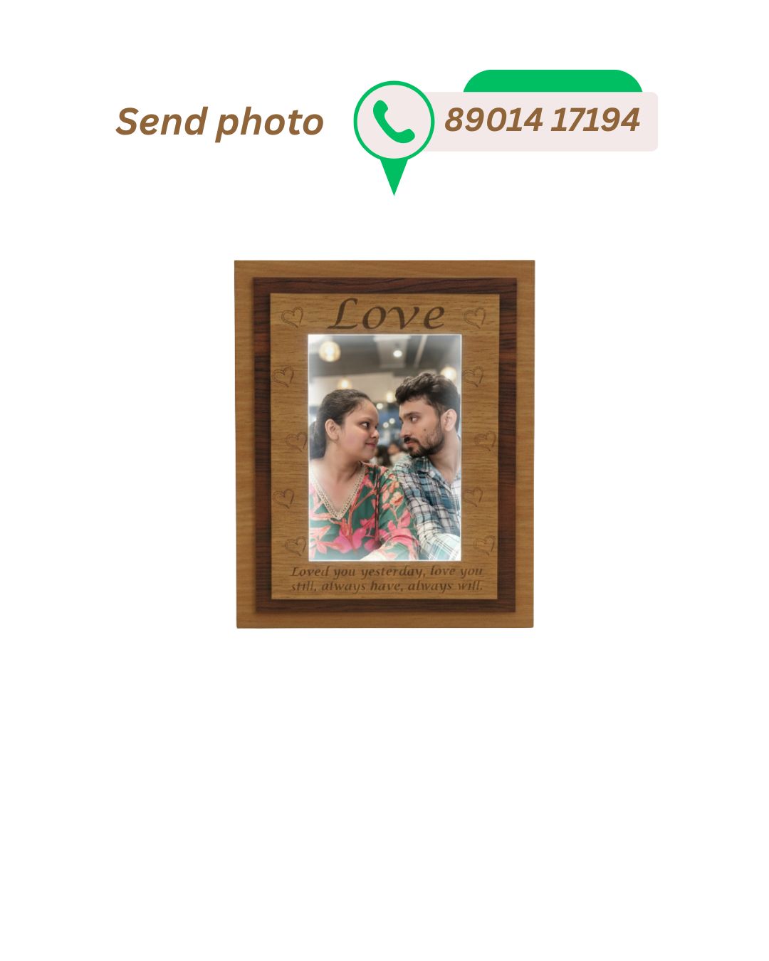 Custom wooden photo frame engraved with Love text featuring a picture of a couple