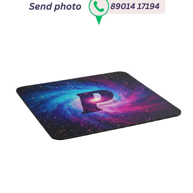 Custom printed mousepad featuring a vibrant pink and blue galaxy space design with the Printra.in logo
