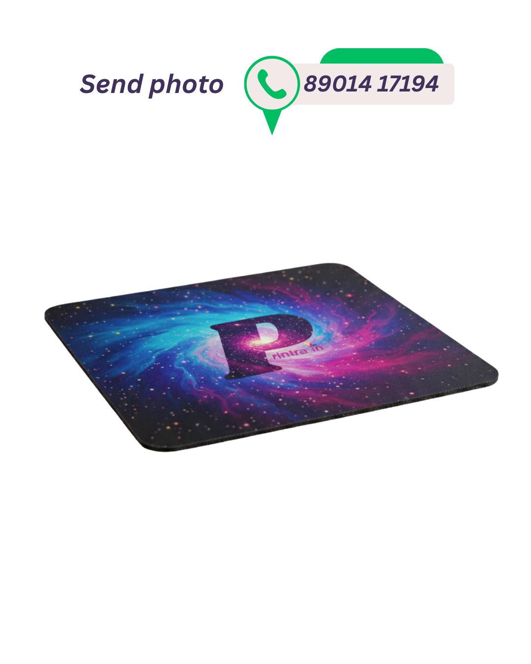Custom printed mousepad featuring a vibrant pink and blue galaxy space design with the Printra.in logo